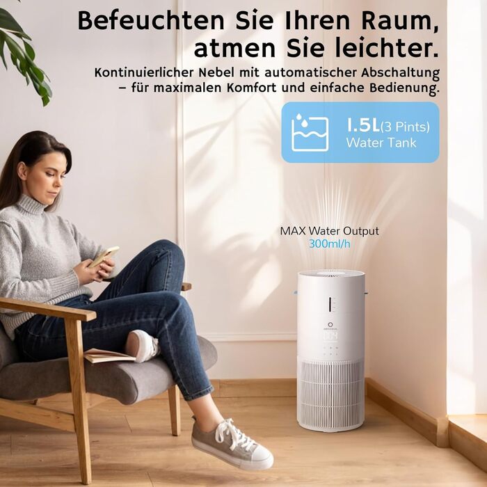 Повітряочищувач та зволожувач Airthereal AEH300: 2-в-1, до 125 м², 3-ступенева фільтрація, індикатор якості повітря, нічний режим, автоматичне зволоження
