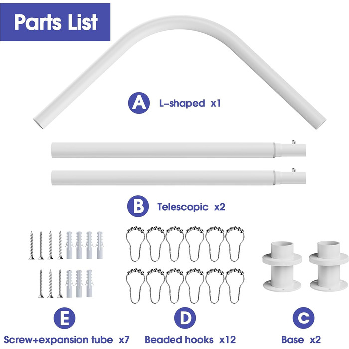 Регульована штанга для душу L-Form, 68–96 см × 68–96 см, нержавіюча сталь, кутова, вологостійка, з 12 кільцями та комплектом шурупів, білий колір