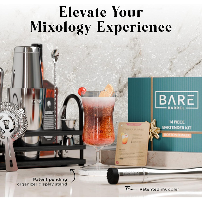 Набір для коктейлів Pro Cocktail Kit: Шейкер для приготування коктейлів, 14 предметів, з рецептами (800 мл, срібно-чорний)