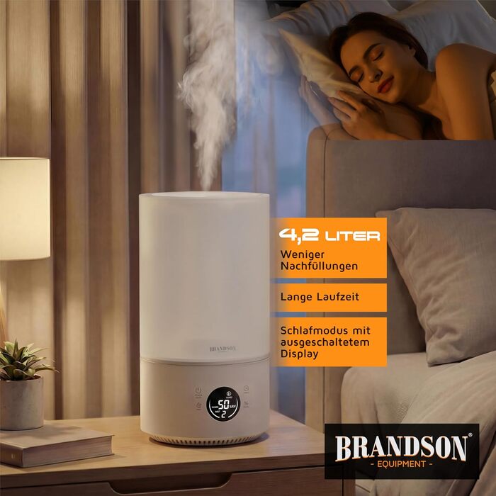 Зволожувач повітря Brandson з цифровим дисплеєм та пультом дистанційного керування, 4.2 л, таймер, 3 режими туману, тиха робота, функція Sleep, для спальні, дитячої кімнати, офісу