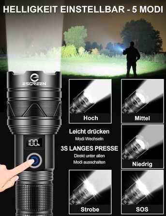 LED ліхтарик Esgreen 500000 люменів - тактичний, потужний, з USB-C, зумом, 5 режимів, для кемпінгу та безпеки