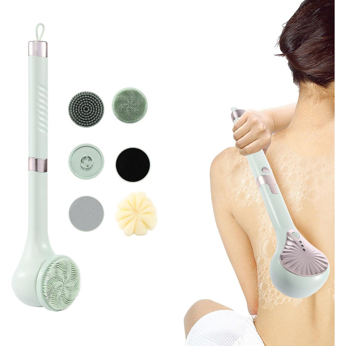 Електрична дюшева щітка для спини Eincremehilfe 6 в 1 з USB-зарядкою та 6 насадками для глибокого очищення та пілінгу