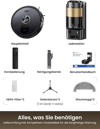 Робот-пилосос Proscenic Q20Plus з функцією миття, 10000Pa, 200хв, бездротовий, з автоматичним випорожненням, 3-в-1 для шерсті тварин, килимів та твердих поверхонь, чорний