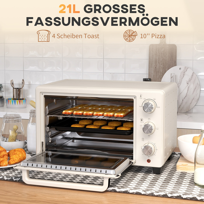 HOMCOM Mini Oven with Rotisserie, Small Oven 21L Toaster Oven with 1 Wire Rack and 1 Baking Tray, 3 Cooking Modes, 100°C-230°C, Stainless Steel, Glass, Cream White