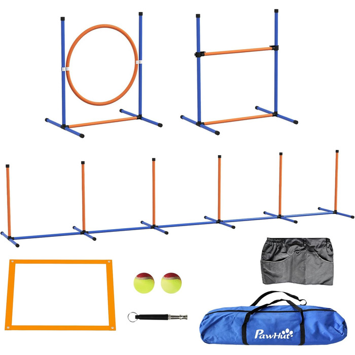 Набір для аджиліті PawHut для собак, 8 предметів, для вулиці, з тканинними стовпчиками, регульоване кільце для стрибків, бар'єри, зона відпочинку, тенісні м'ячі, свисток, шорти для тренувань
