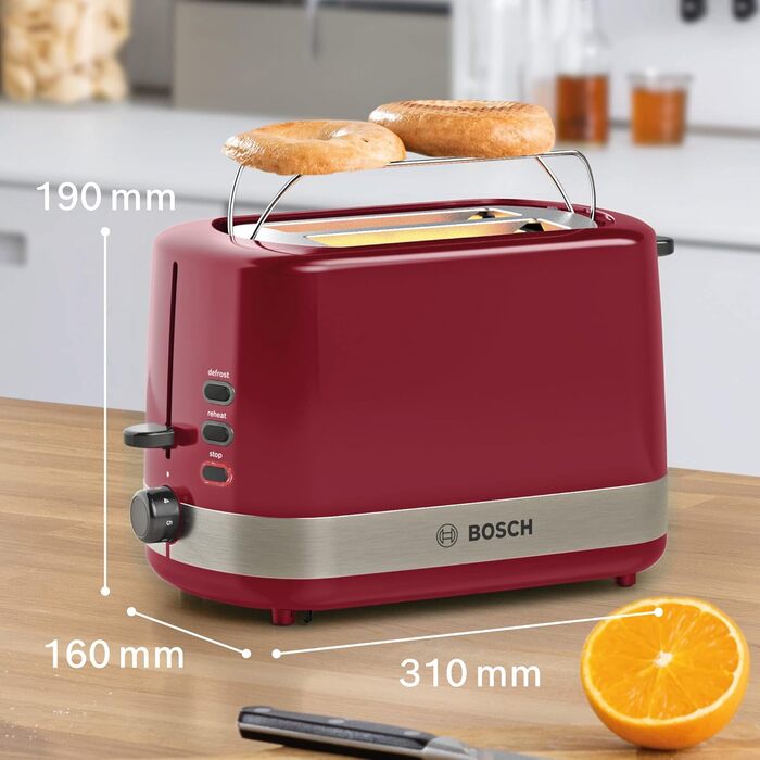 Bosch Compact Toaster ComfortLine TAT6A514, for 2 slices, integrated bagel attachment, with defrost/reheat function, 800W, red