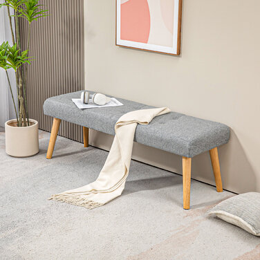 HOMCOM Bench Upholstered Bench Linen Look Button Tufting Bed Bench with Wooden Legs for Bedroom Living Room Entryway 120x41x43 cm Grey