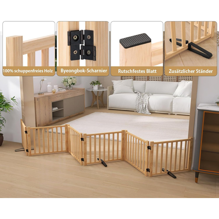 Дверцята для собак з дерева, розкладні, для кухні, коридору, вітальні, сходи. Захисний бар'єр для маленьких та середніх собак, дерев'яного кольору, 2P 58 см.