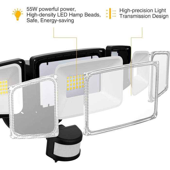 Onforu LED Floodlights with Motion Sensor Outdoor 55W, 5000 LM LED Floodlight, Outdoor Spotlight with Adjustable 3 Heads, 6500K Cool White Spotlight, IP65 Waterproof Floodlight for Garage, Garden, Yard