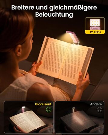 Світлодіодна кліпса для читання Glocusent 12 LED з затискачем, рожева: лампа для книги в ліжко, 5 кольорів, 5 рівнів яскравості, 100 годин роботи, для дітей та любителів читати