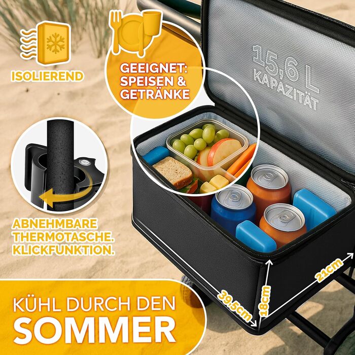 Трьохколісний візок TRESKO® з дахом, кишенькою-холодильником та боковими шторками | Вантажопідйомність до 150 кг | Візок з гумовими колесами та гальмами (передні та задні) та 3-точкова система фіксації (Зелений) (Чорний)