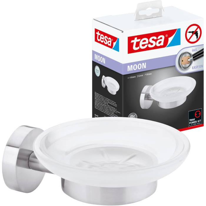 tesa Moon Soap Dish with Wall Holder, satin glass and chrome-plated stainless steel - for wall mounting without drilling, including adhesive solution - 110mm x 52mm x 130mm