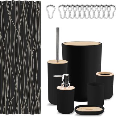 Набір аксесуарів для ванної кімнати Britimes, чорний: шторка для душу, відро, дозатор мила, тримач для унітазу, тримач для зубних щіток та стаканчик для зубних щіток