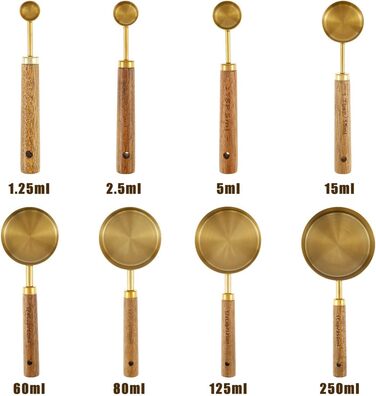 8-Piece Gold-Colored Measuring Cup and Spoon Set with Wooden Handle, Portable, Reusable, Stainless Steel Measuring Spoon Set with 8 Curved Hooks for Kitchen, Home, Baking
