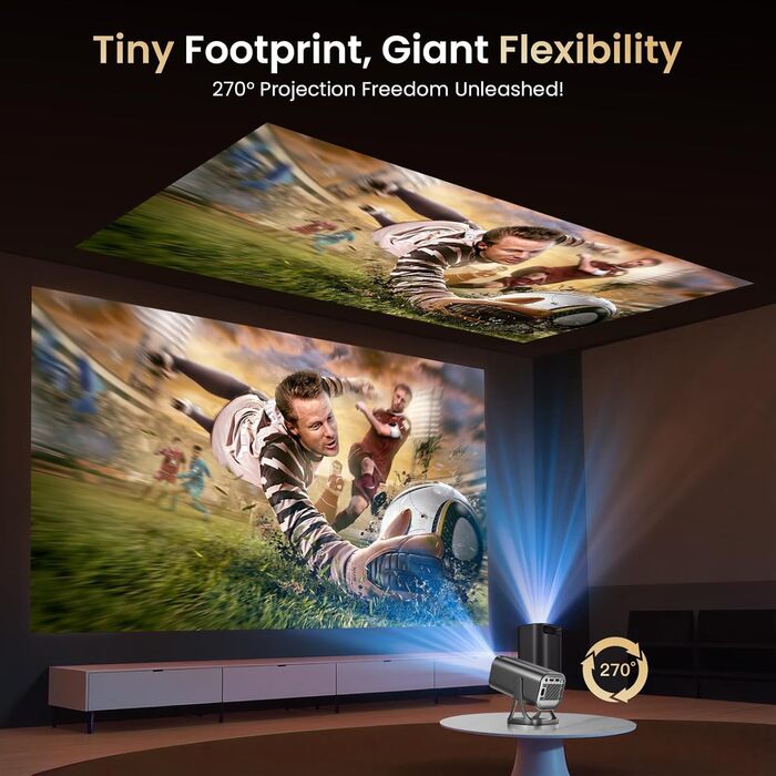 Міні проєктор Beamer 4K 1080p з Android 12.0, WiFi 6, Bluetooth 5.4, 22000 люмен, автокорекція трапецеїдальних спотворень, поворот 270°, підключення PC/HDMI/USB/TF, сірий