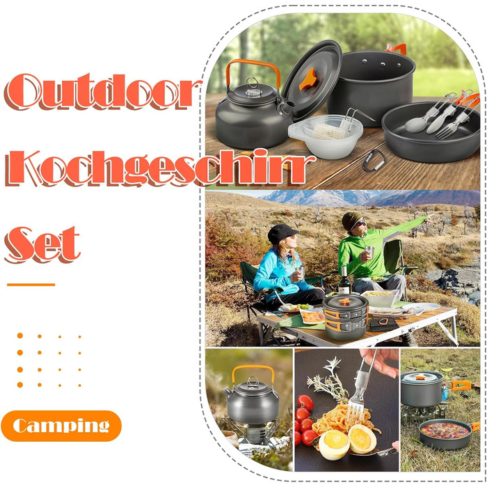 Набір кухонного посуду для кемпінгу, 10 предметів. Набір посуду для приготування їжі на відкритому повітрі, для 2-4 осіб. Плита, сковорода, чайник для пікніків, BBQ та походів