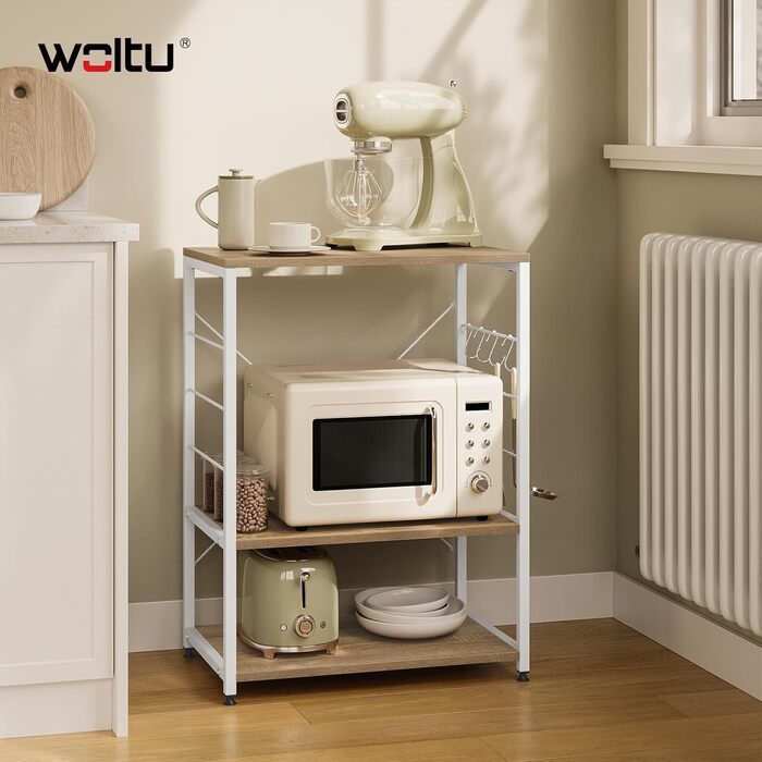 WOLTU Kitchen Shelf, Freestanding Shelf, Microwave Holder, Baker's Rack, Metal Shelf with Wood and Steel, with 3 Shelves, approx. 60 x 40 x 82 cm, White + Light Oak
