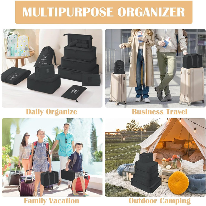 Набір органайзерів для валізи 13 шт., чорні Packing Cubes, водонепроникні дорожні органайзери для відпустки та подорожей