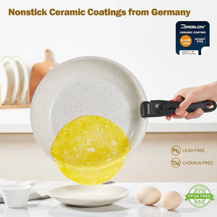 Набір каструль та сковорідок Rossetto 17 предметів з антипригарним покриттям, кераміка, індукційний, для дому та подорожей, знімні ручки, без PFOA та STONE