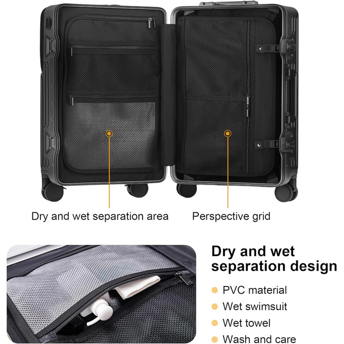 Чемодан ручної поклажі для весни/літа, відповідає вимогам авіакомпаній, з TSA-замком, 360° колесами, PC-корпусом та міцним алюмінієвим каркасом, підходить для розмірів 20'', 24'' та 26'' (20'', 24'') Чорний