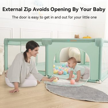 COMOMY Playpen Baby, 150x180x66cm Playard Baby Large XXL Safety Play Area Protective Fence for Children with Soft Net, Non-Slip Oxford Bottom, Balls, Mini Baskets, and 4 Pull Rings 150x180x66cm Dark Green