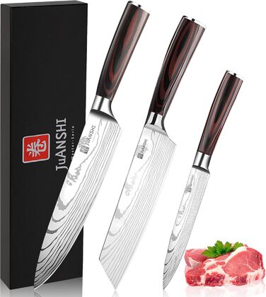 Набір кухонних ножів JUANSHI® 3 шт. з нержавіючої сталі: кухарський, кіріцуке та універсальний