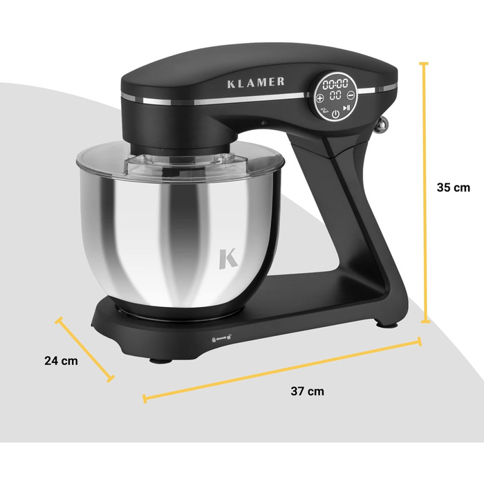 KLAMER 1800W Stand Mixer - Stainless Steel Bowl 6L, 10 Speed, Timer, Planetary Mixing, Dough Hook, Whisk & Beater - Black