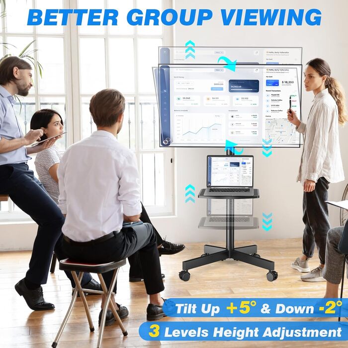Rolling TV Stand with Wheels - Adjustable Height Mobile TV Trolley for 27-60 inch TVs, VESA 400x400, 40kg Max Weight, White (Black)