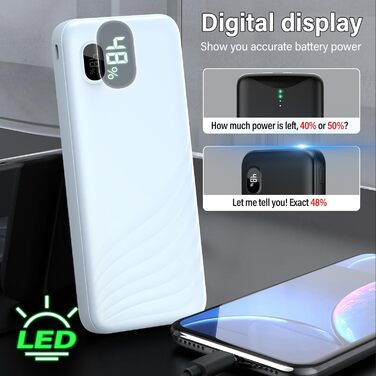 Power Bank Thunelec 10000mAh 22,5W з USB-C (PD, QC 3.0) - компактний зовнішній акумулятор для смартфону та планшета, LED дисплей, темно-синій