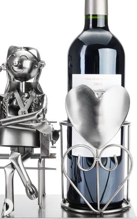 BRUBAKER Bottle Holder Men Loving Couple on Bench - Wine Bottle Holder Silver - Metal Bottle Stand Love - Metal Sculpture Gift for Married Couples with Gift Card (Woman + Man)