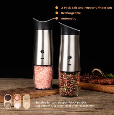 Gravity Electric Salt and Pepper Grinder Set, USB Rechargeable, Automatic, One-Handed Operation, Grinder for Kitchen, Grill, Adjustable Coarseness, Silver, 2 Pieces