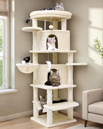 Дім-когтеточка Globlazer для котів, великий кутовий, 167 см, бежевий, для 3-4 котів, з будиночком, гамаком, платформою та кошиком