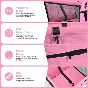 Автокрісло для собак: стабільне, дихаюче, з тканини Оксфорд, для маленьких та середніх собак, рожеве