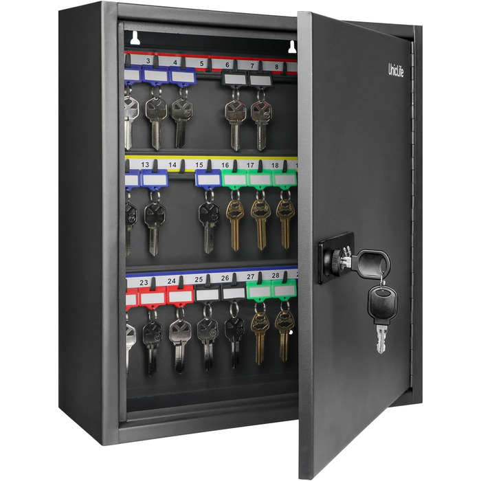 Шкафчик для ключів Uniclife на 60 позицій з комбінацією та ключовим замком, чорного кольору, з регульованими полицями. Цифрова скринька безпеки, органайзер для ключів