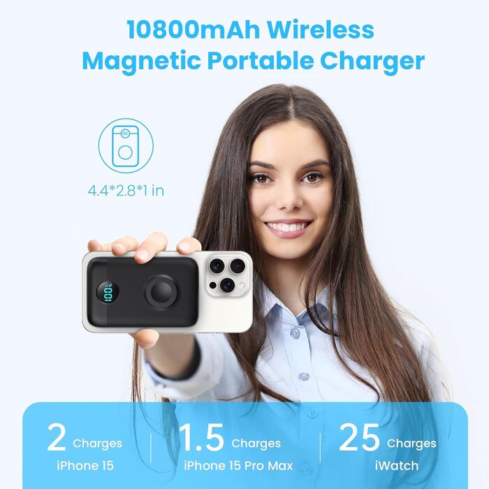 Power Bank магнітний 10800mAh з підтримкою MagSafe, 4-в-1, з зарядкою для Apple Watch, QC4.0+PD 22.5W USB-C, швидка зарядка, LED-дисплей, чорний
