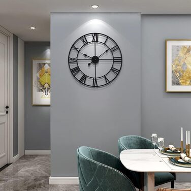 HAITANG Large Vintage Wall Clock, Black Round Metal Wall Clock Silent No Ticking, Battery Operated, 47cm Roman Numerals, Clocks for Living Room, Bedroom, Kitchen Decoration