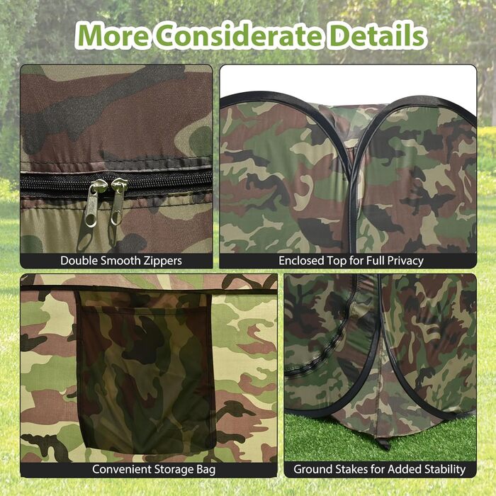 Намет для душу HOMASIS з сумкою, переносний шатрів для переодягання, туалетний намет з вікном та кишенькою, душова кабіна для відпочинку на природі, 120 x 120 x 190 см, зелений (Flecktarn)