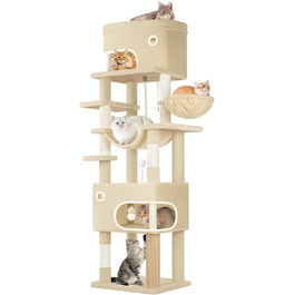Драбина-кіготь для котів Hzuaneri, 203 см, з великою платформою, 2 печери, 7 кігтеточок, помпони, лежанки, гамак, для всіх порід котів, бежевий MS20318YL XXL (60 x 50 x 203 см)