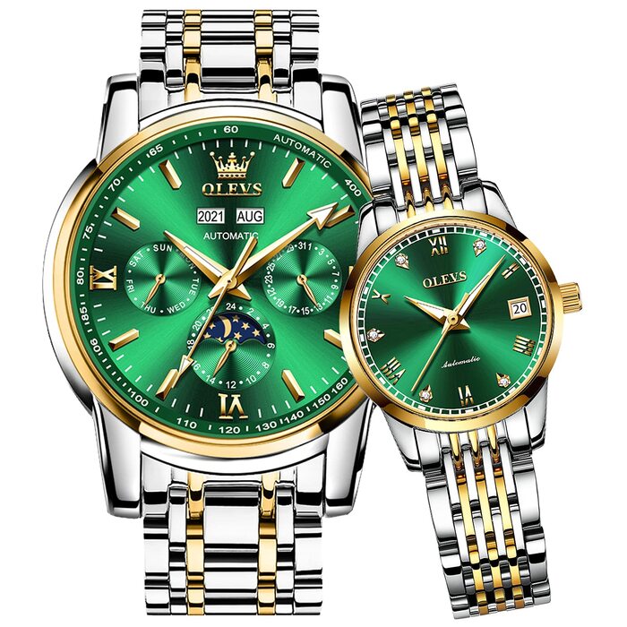 Набір автоматичних механічних годинників для пари OLEVS: чоловічий та жіночий з календарем, фазою місяця та турбійоном, двоколірні (Зелені)