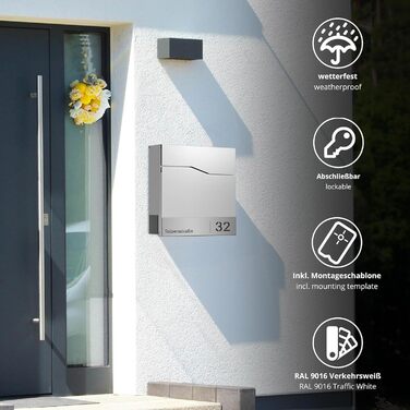 Поштова скринька біла з газетницею TRELLEBORG (RAL 9016), персоналізована - з іменем, вулицею та номером будинку, з комплектом для монтажу. Металева, сучасна.