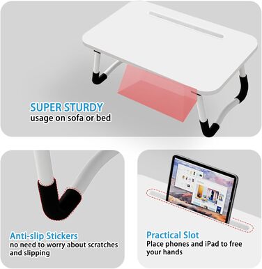 Лaptоп-стіл на ліжко - стіл для ноутбука 48 x 30 см, піднос для сніданку, для їжі, читання, письма, роботи, підставка для ноутбука в ліжко, диван, офіс та дім (Сірий) (Білий)