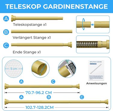 Штанга для карниза без свердління 113-196 см, телескопічна, для душу, штор, ванної кімнати, вікна, кухні, шафи, золота