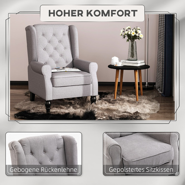 HOMCOM Armchair with High Backrest, Weight Capacity up to 160kg, Single Armchair for Living Room, Comfortable Wingback Chair, Grey