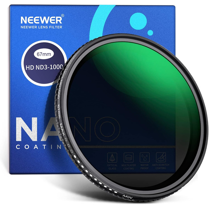 Фільтр ND3-ND1000 Neewer, 67 мм, регульована щільність, HD-скло, Nano-покриття, водонепроникний, анти-царапин, алюмінієва рамка