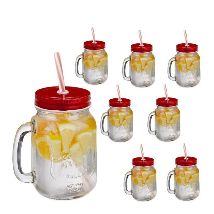 Relaxdays Set of 8 Drinking Glasses with Lids - Red