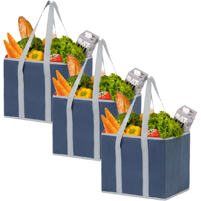 23.5 Liter Large Collapsible Shopping Bag, Folding Boxes with Reinforced Bottom, Reusable Shopping Bags, Holds Up To 15 kg Shopping Bag (3-Pack) (Dark Blue)