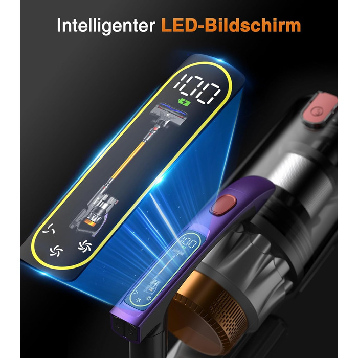 Бездротовий акумуляторний пилосос CHEBIO 580W з LED-дисплеєм, антизаплутувальною насадкою та потужністю 48000Pa. Підходить для прибирання підлоги, килима та шерсті тварин.