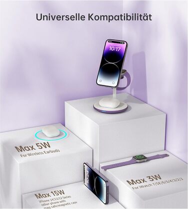 3-в-1 Бездротова Зарядка для Багатьох Пристроїв: iPhone, iWatch, AirPods (15W, MagSafe, Lila)