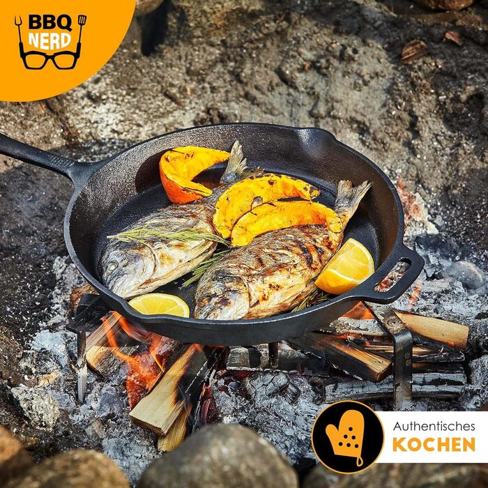 Чавунна сковорода BBQ Nerd для гриля, смаження та запікання, 35 см, 4550 г, з носиком і ручкою, антипригарна, вогнестійка, зберігає тепло, зі знімною ручкою 25 см