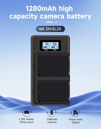 2 шт. акумулятори EN-EL20/EN-EL20a + зарядний пристрій Smart LCD Dual USB для Nikon Coolpix P950, P1000, P1100, Coolpix A, 1 AW1, 1 J1, 1 J2, 1 J3, 1 S1, 1 V3, DL24-500 цифрових камер